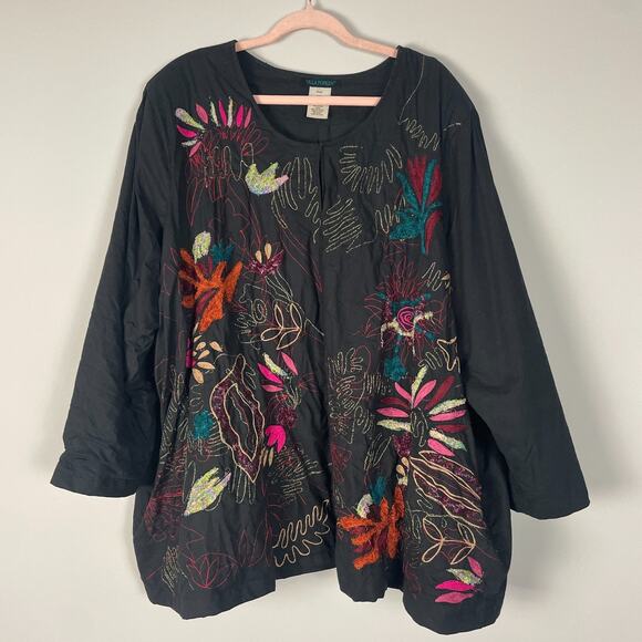 Ulla Popken Jacket Plus Size 32 34 Black Embroidered Colorful Artsy Novelty Boho - Picture 2 of 15